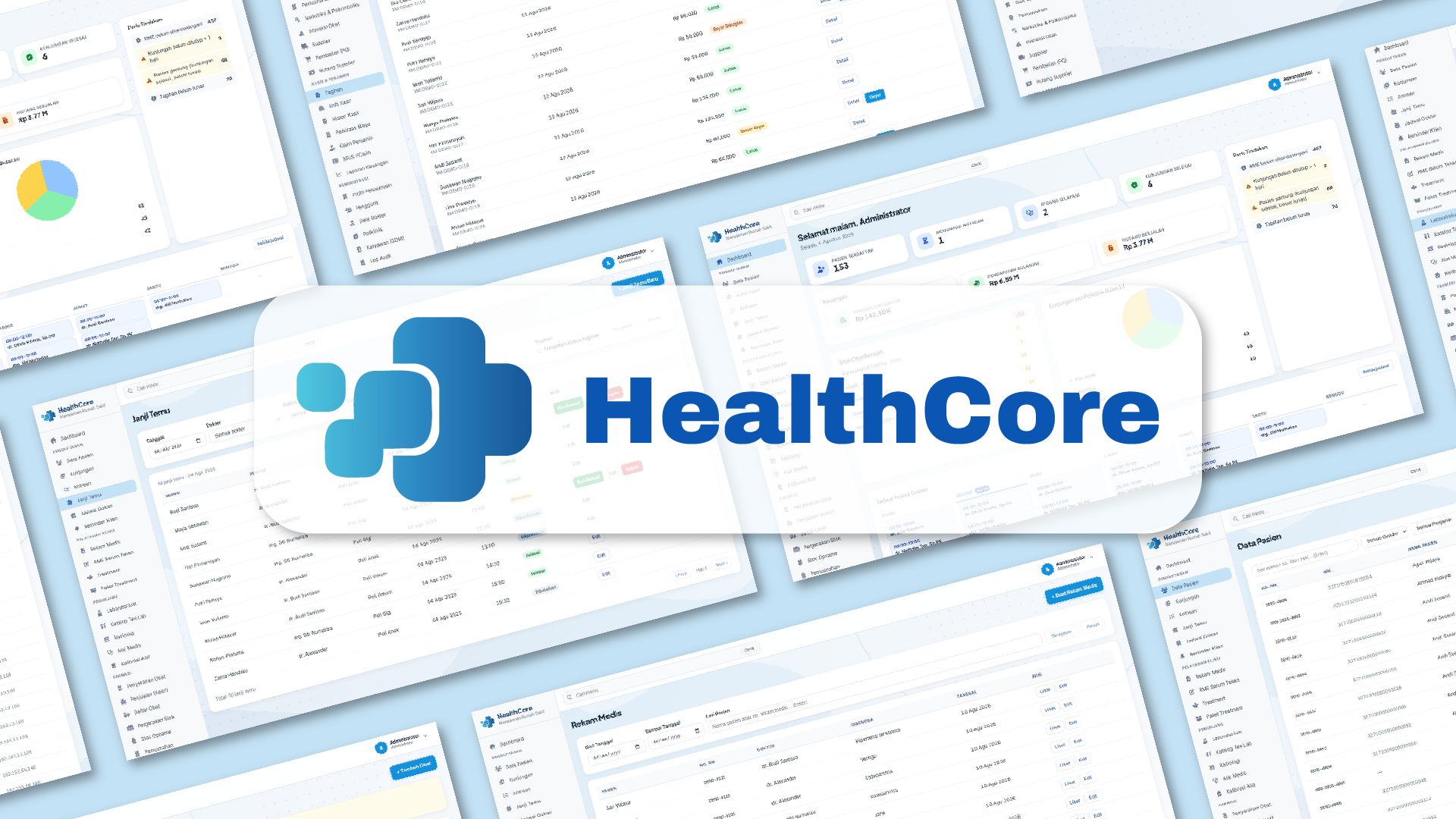 Kumpulan tampilan HealthCore: dashboard, janji temu, rekam medis, data pasien, dan tagihan
