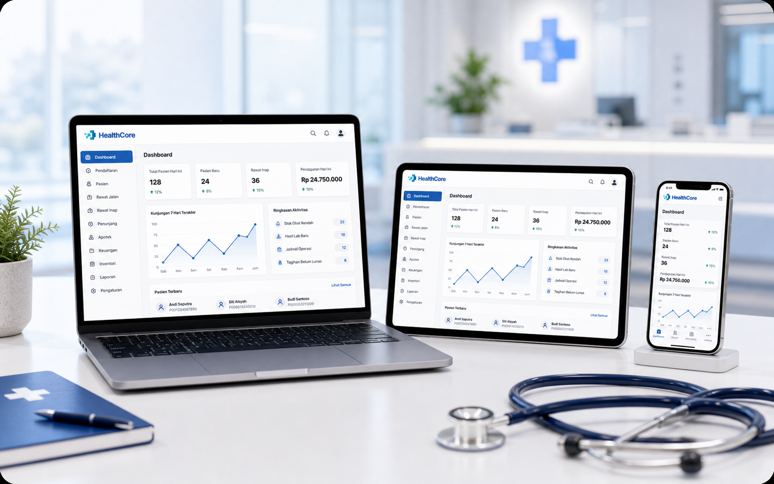 Perangkat iPad, MacBook, dan iPhone menggunakan sistem HealthCore