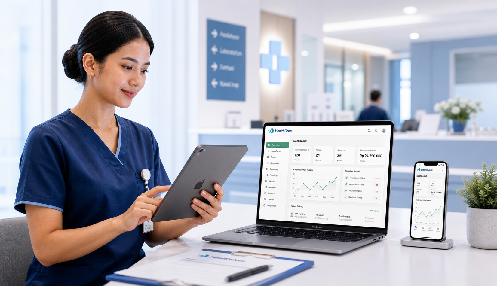 Perawat menggunakan sistem HealthCore di desktop, mobile, dan tablet