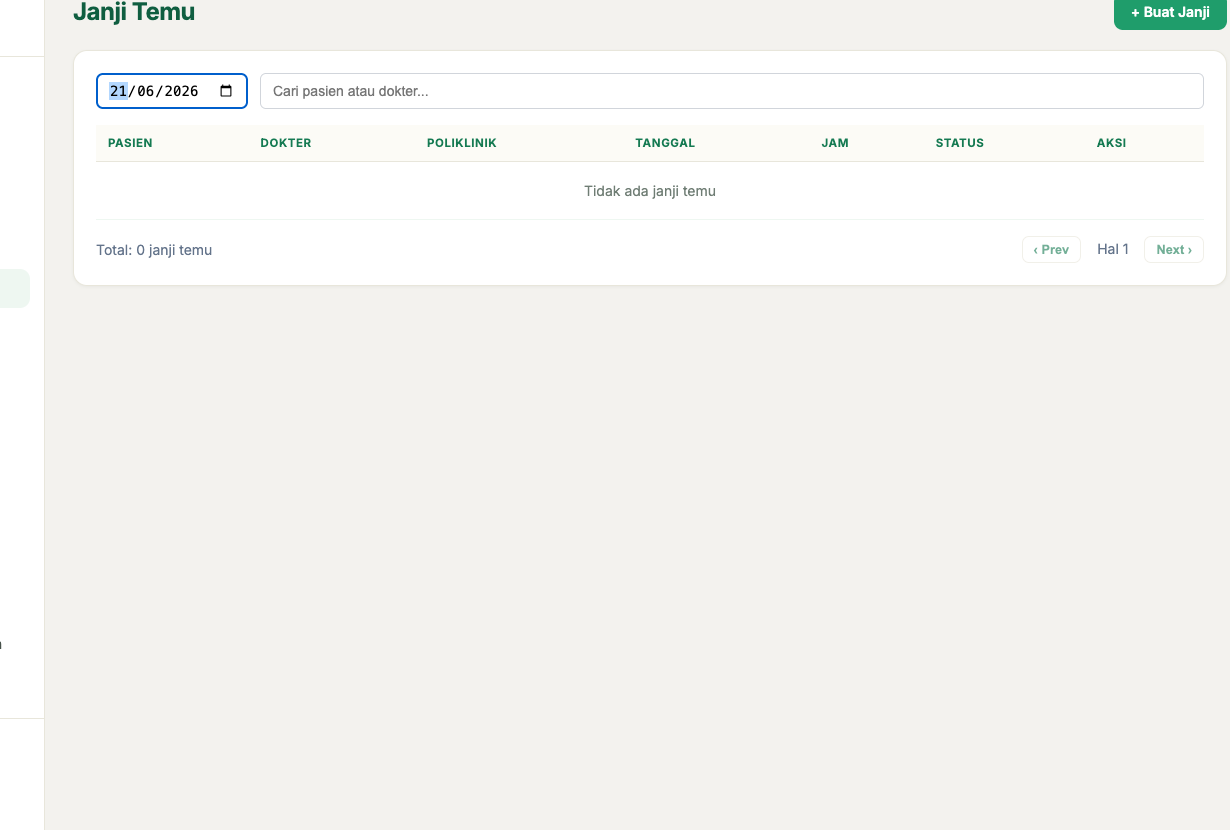 Janji temu HealthCore tanpa sidebar kiri