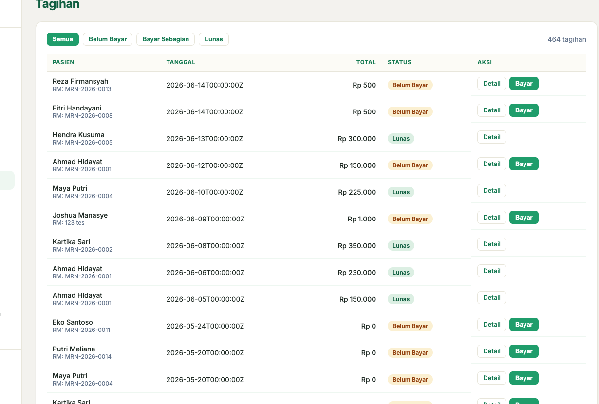 Billing dan tagihan HealthCore tanpa sidebar kiri