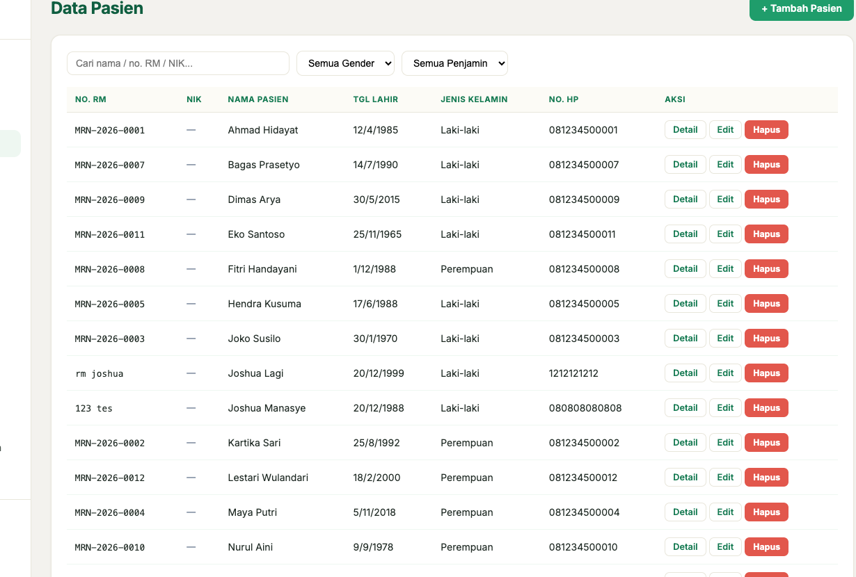 Data pasien HealthCore tanpa sidebar kiri